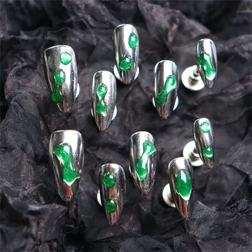 Qfdian Silver Handmade Almond False Nails Press on Nails Complete Acrylic Nail Tips Meddle Length Reusable Adhesive Artificial Manicure